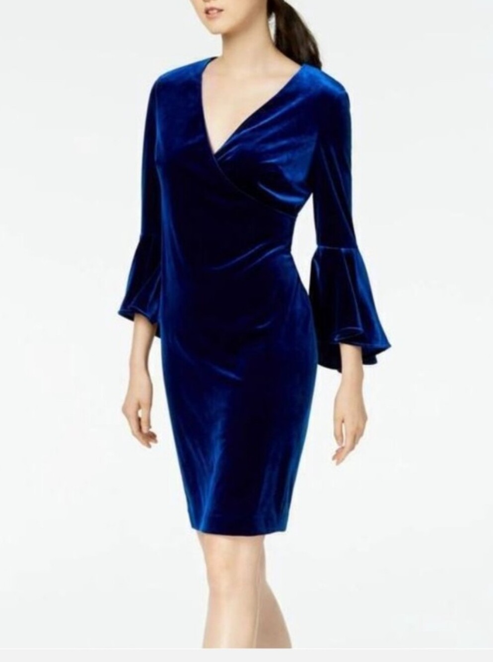 Calvin Kleom eep Blue Velvet Dress with Bell Sleeves 8